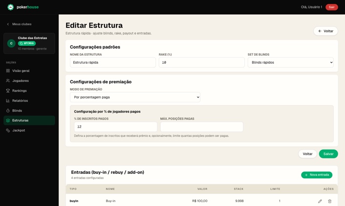 Ranking e caixa com rake estimado